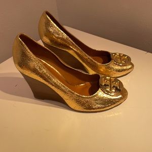 Tory Burch Gold Wedge Peep Toe